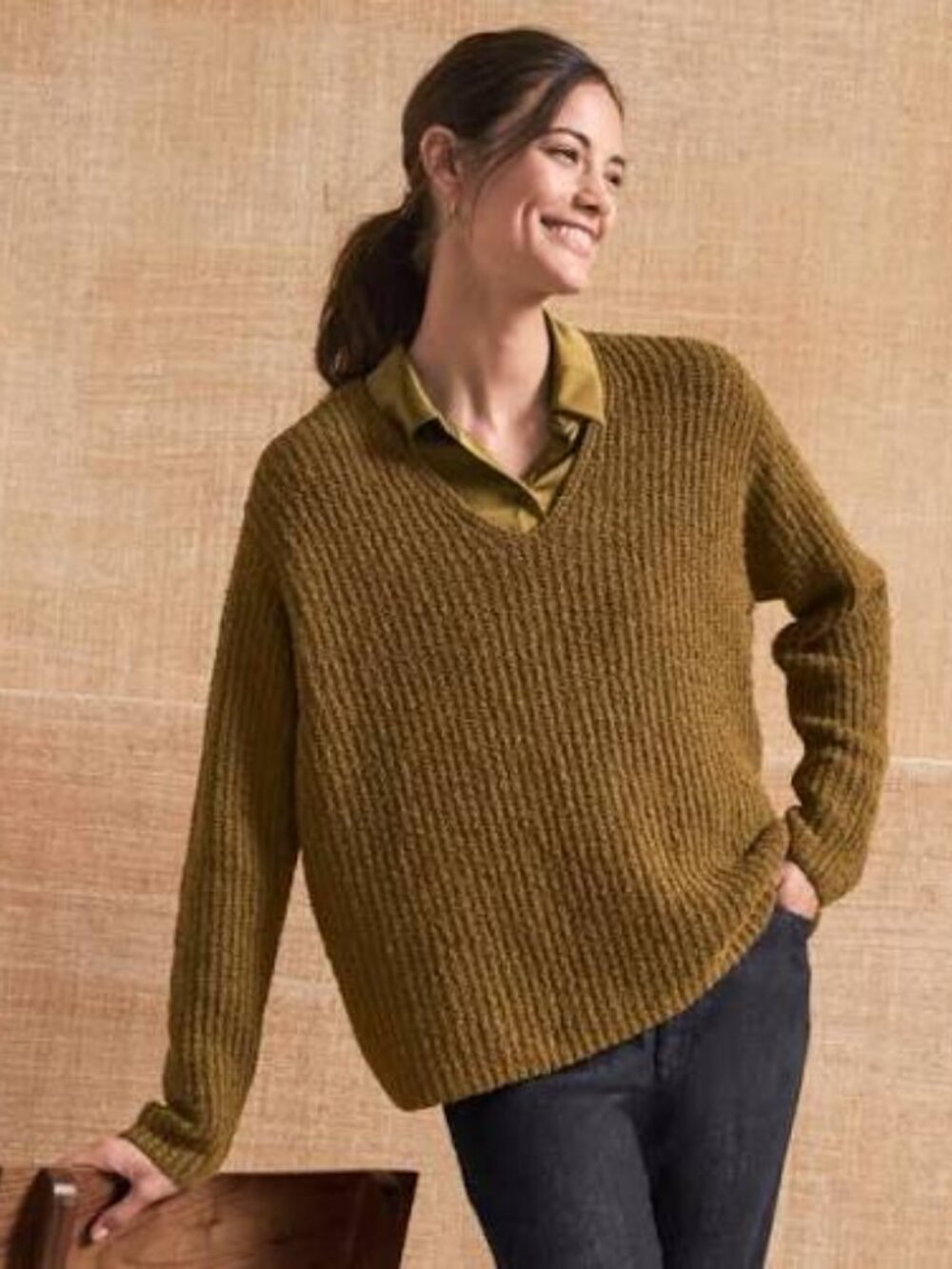 - NWT Eileen Fisher  Gold Leaf Organic Cotton/Cashmere Fluffy V-Neck Sweater